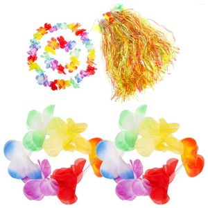 Fleurs décoratives 5 pièces en 1 ensemble coloré Hawaii Tropical Hula herbe danse jupe bracelets de fleurs bandeau guirlande plage fête déguisement