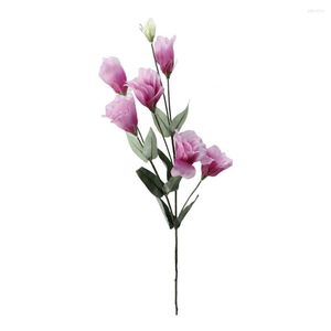 Dekorative Blumen 7 Köpfe Eustoma Lisianthus Seide künstlich mit grünem Blatt Kunstblume Hochzeitsstrauß für Party DIY Heimdekoration