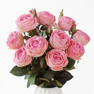 Fleurs décoratives 9PCS Rose avec bourgeon 70CM Revêtement en latex Pivoine rose Real Touch Feel Like Wet Petal Fleur artificielle Événement de fête de mariage -