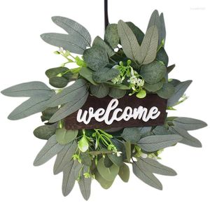 Fleurs décoratives feuilles d'eucalyptus artificielles décorations couronne décor de vacances de noël avec planche de bois de bienvenue pour la maison