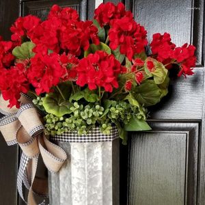 Fleurs décoratives artificielles géranium rouge seau couronne ferme rustique guirlande printemps été fête décor pour porte d'entrée maison