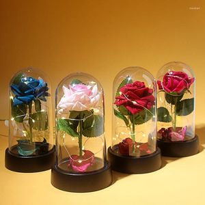 Flores decorativas, rosas artificiales, regalo del Día de San Valentín, cubierta de plástico de vidrio luminoso, lámina de luz LED, regalos de decoración de boda