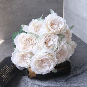 Flores decorativas Pintura al óleo blanca artificial Peonía Ramo Boda Novia Sosteniendo Flor Regalo del día de San Valentín Hogar Sala de estar Seda