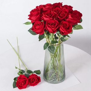 Fleurs décoratives at35 10pcs Real Touch Rose Rose Flannel Flower Bouquet Single Head Artificial Bunch for Wedding Home Decor