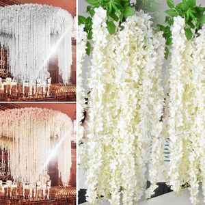Flores decorativas hermosas glicinas de seda artificiales blancas colgantes de ratán para novia, guirnalda de boda, decoración de techo de hiedra y vid