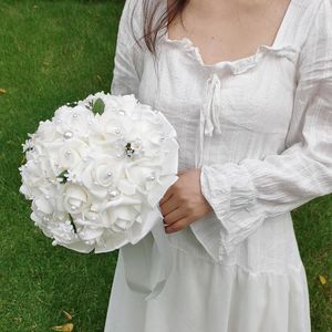 Fleurs décoratives mariée demoiselle d'honneur Bouquet de Mariage rouge blanc PE fleur de Rose artificielle avec ruban fête de Mariage décoration de la maison