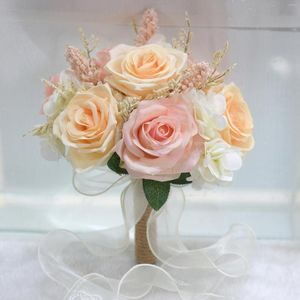 Flores decorativas Novia Dama de honor Rosa con cinta de satén de seda Rosa Blanco Champán Mariage Ramo Accesorios de boda Favores