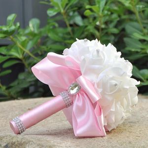 Fleurs décoratives Champagne Bridesmaid Bouquet Elegant Artificial Rose Sophistiqué avec du ruban Satin Party Bridal