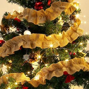 Guirlande de toile de jute de fleurs décoratives de Noël avec guirlande lumineuse de 10 m ruban de bronzage naturel arbre à volants rustique