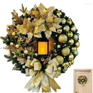 Couronne de fleurs décoratives de noël avec lanterne, guirlande de porte d'entrée, grand nœud, ornement saisonnier, décoration murale