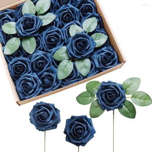 Flores decorativas D-Seven 25 rosas artificiales de color azul marino con tallo para centros de mesa de boda, arreglos florales