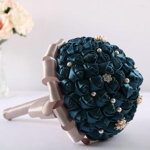 Flores decorativas ramo de novia de boda azul oscuro con cristal de diamantes de imitación para decoración