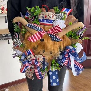 Luz de puerta de flores decorativas con alambre de imagen para coronas Highlands Cow Wreath cuatro de julio patriótico americano hecho a mano