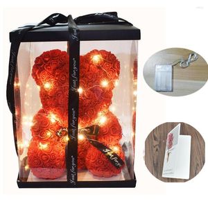 Flores decorativas que caen, oso rosa de espuma de jabón de 40cm con luz Led, tarjeta de regalo gratis en caja para el día de San Valentín y novia