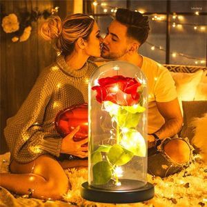Flores decorativas, cubierta de cristal de flor eterna con lámpara Led, lámina de oro rosa, regalo de San Valentín, adornos de cumpleaños para amigas