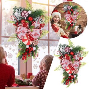 Flores decorativas caída puerta delantera corona 2023 bastón de caramelo decoración de Navidad piñas artificiales conos percha roja para