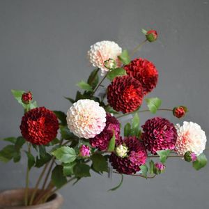 Flores decorativas Faux Dahlia Borgoña Rojo Redondo Gradiente de colores Centros de mesa de bricolaje Ramo de boda Jardín