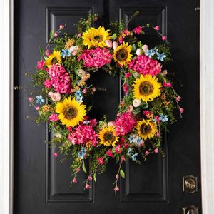 Flores decorativas Guirnalda de flores de girasol de imitación para puerta delantera, rojo y amarillo con hojas verdes, decoración del hogar de pared de primavera