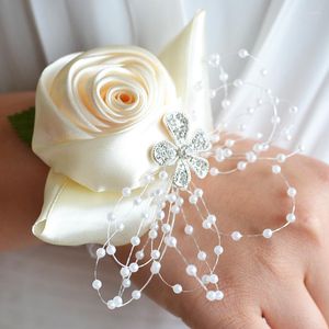 Flores decorativas para dama de honor, pulsera de seda con rosas, mano de tela para boda, fiesta de graduación, accesorios de suministro de decoración
