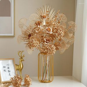 Fleurs décoratives Golden Series Palm Ginkgo Feuille d'eucalyptus Artificielle Rose Hortensia Arrangement de fleurs de mariage Accessoires Maison Noël