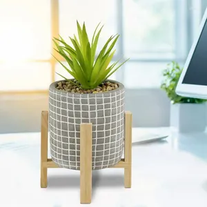 Groupe de fleurs décoratifs plante succulente artificielle de 11 pouces en ciment gris avec support en bois pour décoration du bureau à domicile