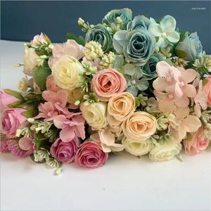 Flores decorativas con ramo de rosas artificiales para boda, tela de seda, rosa falso, champán blanco, dama de honor, flor de fiesta nupcial