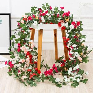 Flores decorativas para decoración del hogar, adorno de boda, guirnalda DIY, hojas verdes, vid de rosa realista, guirnalda Artificial para colgar en la pared