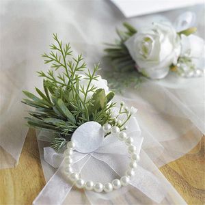 Flores decorativas Maldito de rosa de marfil Muñeca pulsera de pulsera y hombres Boutonniere para accesorios de boda blancos traje de graduación