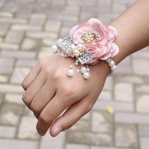 Fleurs décoratives dames poignet fleur élastique Bracelet mariée marié robe Corsage strass perle bricolage demoiselle d'honneur bande bracelet XH069