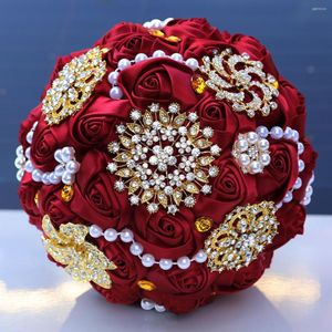 Flores decorativas Diseño de diamantes de imitación de lujo Hecho a mano Satén Flor artificial Ramo de novia para la decoración de la boda Novia Pografía Mano