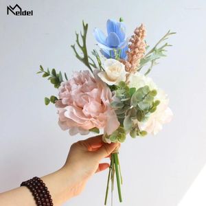 Fleurs décoratives Meldel Silk Rose Peony Mix Artificial Flower Bouquet Blue Galsang Fake Home Wedding Christmas Decoration Faux Flores