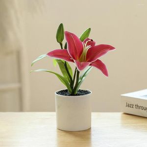 Flores decorativas, florero moderno, maceta falsa simulada de fácil cuidado, bonsái de lirio realista de plástico, decoración de plantas artificiales para el hogar