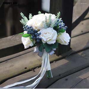 Fleurs décoratives ! Joli faux bouquet de roses blanches Hi-Q mariage fleur demoiselle d'honneur mariée artificielle