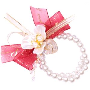 Fleurs décoratives Prom Women Pearl Wrist Band Ribbon Bracelet Flower Chain Wristlet