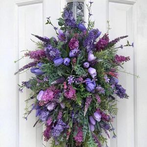 Flores decorativas, corona púrpura, jacinto, Hortensia, colorido, Primavera Verano, adornos colgantes para puerta delantera, decoración del hogar