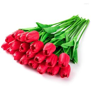 Flores decorativas Calidad 20 piezas Tulipanes artificiales Contacto real Sensación roja para fiesta Decoración de boda en casa (Rojo)