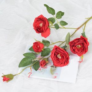 Fleurs décoratives réalistes artificiels look naturels roses 6 branche de rose de tête avec tige verte pour la maison intérieure