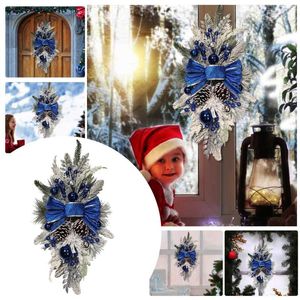 Fleurs décoratives rustiques, décoration de maison de noël, composant bleu et blanc avec Double couronne de pomme de pin, signe de l'année pour porte d'entrée