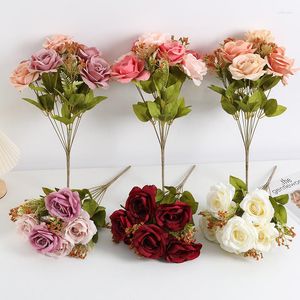 Flores decorativas Seda Planta artificial Púrpura Rosa Ramo Regalo de San Valentín Fiesta de vacaciones Decoración Flor de simulación Estrella falsa Luna Rosas