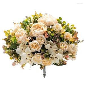 Flores decorativas, tela de seda, paquete de rosas de flores simuladas, decoración del hogar para boda, ramo de novia de hortensia de peonía, venta al por mayor