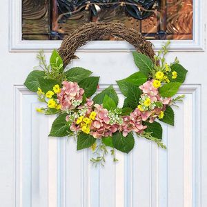 Flores decorativas Corona de hortensias simuladas Planta de agua de seda verde Adorno de la puerta de la puerta delantera