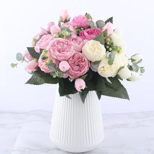 Flores decorativas SKTN Rose Pink Silk Bouquet Peony Artificial 5 Big Heads 4 Small Bud Novia Boda Decoración del hogar