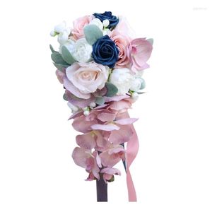 Fleurs décoratives Vintage Bouquet De Fleurs Artificielle Goutte D'eau Rose Ornement De Simulation Pour La Cérémonie De Fiançailles De Mariage Partie 367A