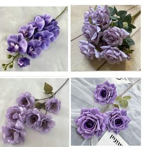 Fleurs décoratives pour décoration de mariage, Rose violette, pivoine artificielle, orchidée, rangée, Guide routier, hortensia en soie