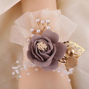 Fleurs décoratives Mariage Poignet Fleur Mariage Artificielle Mariée Demoiselle D'honneur Décoration Accessoires Perle Feuille D'or Fournitures