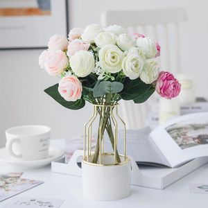 Fleurs décoratives Blanc Artificielle Rose Soie Thé Rose Bourgeons Vase Pour La Maison Salon Noël El Fête De Mariage Décoration Faux Plantes