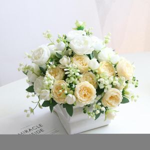 Fleurs décoratives Blanc Soie Roses Artificielles De Mariage Maison Chambre Automne Décoration Rose Champagne De Luxe Faux Arrangement De Fleurs En Vrac