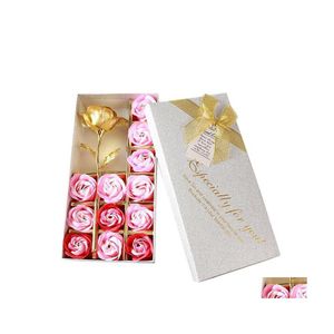 Couronnes de fleurs décoratives 12 savon feuille d'or rose fausse fleur avec boîte d'emballage forme carrée Dessert coffrets cadeaux fête de mariage Sup Ot6Iy