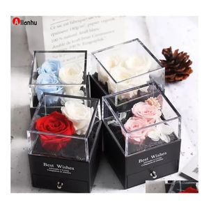 Couronnes de fleurs d￩coratives 2021 conserv￩es dans le d￴me en verre D￩coration de rose ￩ternelle Bo￮te cadeau Equator rouge peut mettre le anneau Saint Valentin B Dhu6s