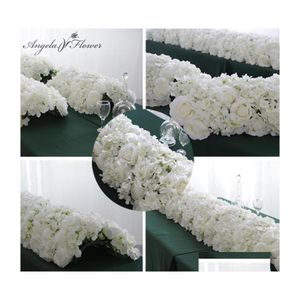 Couronnes de fleurs décoratives 60/55 cm rangée de fleurs artificielles blanches avec base en maille verte en plastique accessoires de mariage décoration fenêtre événement Dheo8